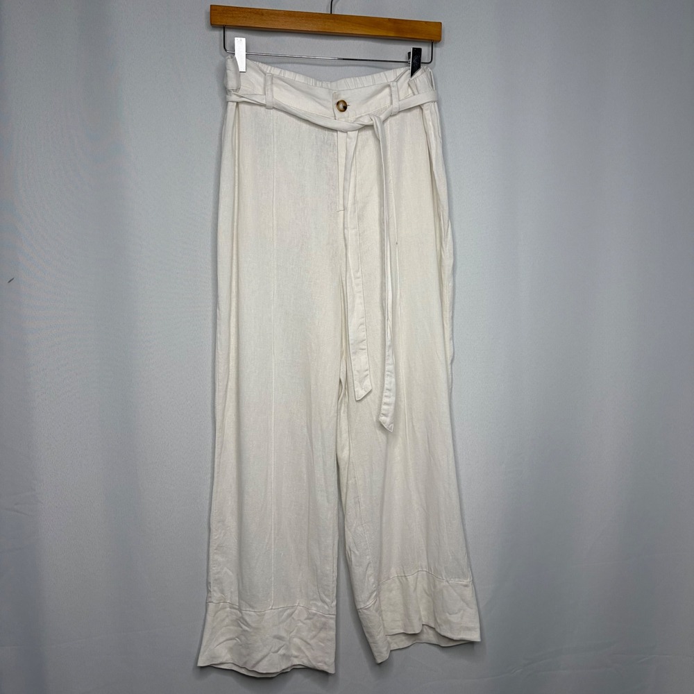 Joie Womens Large White Linen Blend Wide Leg Belted Pants Boho High Rise Coastal